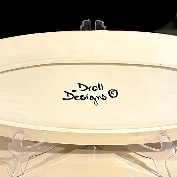 NEW DROLL DESIGNS Long Fruit Platter Tray Red Polka Dot Rim Handpainted signed